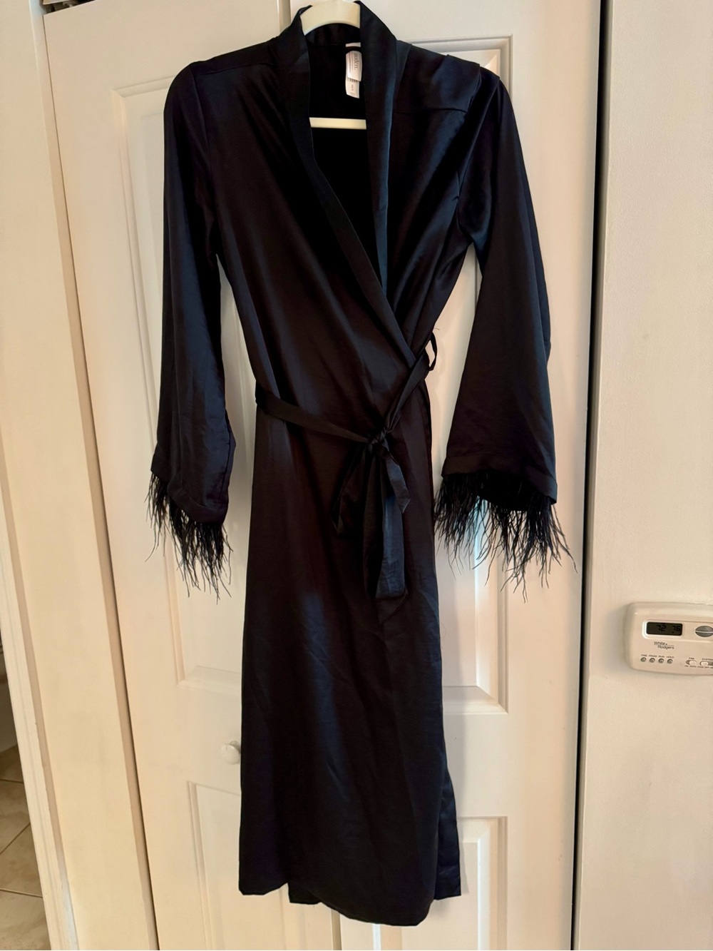 NWOT Women's Black Feather Trim Satin Robe XS/S